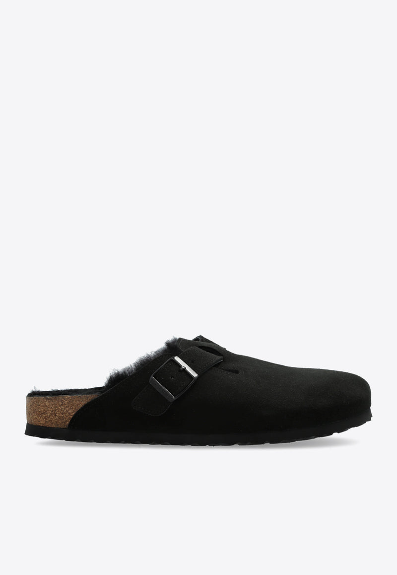 Birkenstock Boston Suede and Shearling Mules 259883 M-BLACK