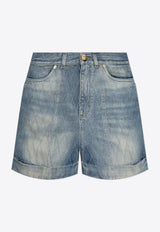 Balmain Diamond Jacquard Faded Denim Mini Shorts