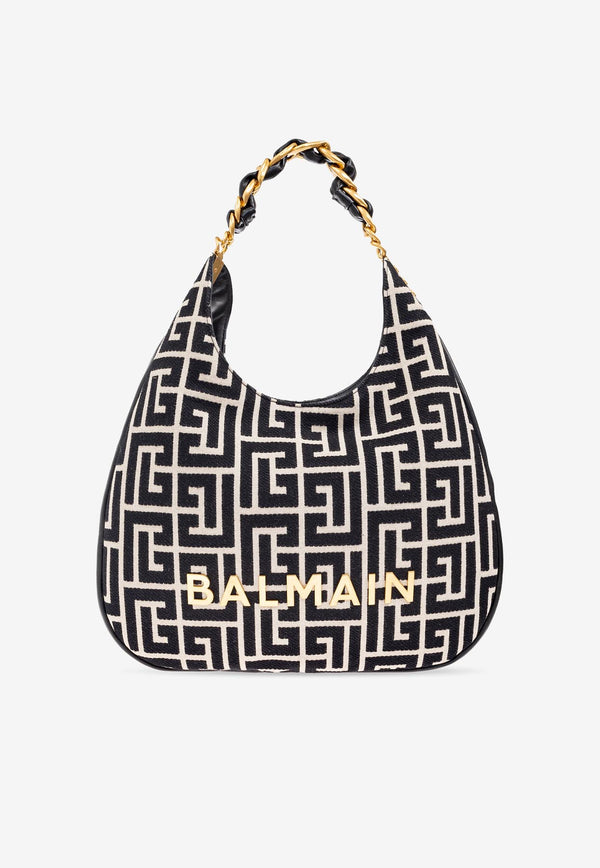 Balmain Large 1945 Soft PB Monogram Jacquard Canvas Hobo Bag FN1BT929 TJQX-GFE