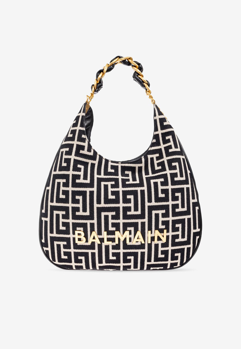 Balmain Large 1945 Soft PB Monogram Jacquard Canvas Hobo Bag FN1BT929 TJQX-GFE