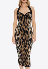 Balmain Leopard Print Halterneck Lurex Knit Midi Dress