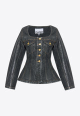 GANNI Shimmery Foil Peplum Denim Jacket