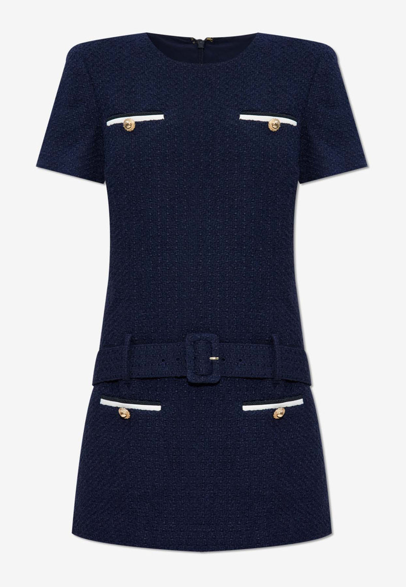 Self-Portrait Tweed Dress With Belt - Navy Blue PF25-034S-BL 0-BLUE