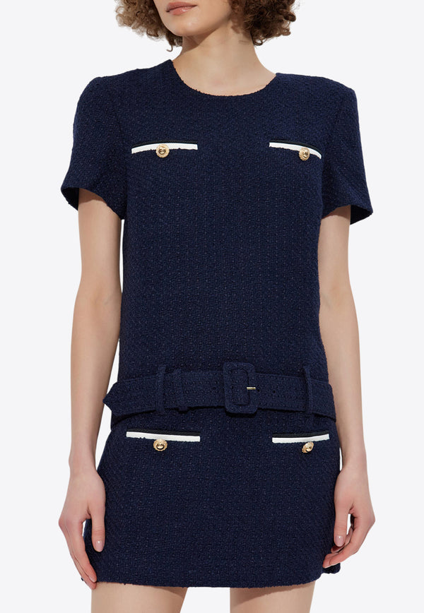 Self-Portrait Tweed Dress With Belt - Navy Blue PF25-034S-BL 0-BLUE