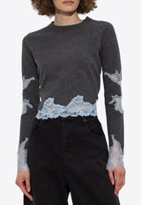Self-Portrait Contrast Lace Cropped Sweater Gray PF25-083T-GR 0-GREY