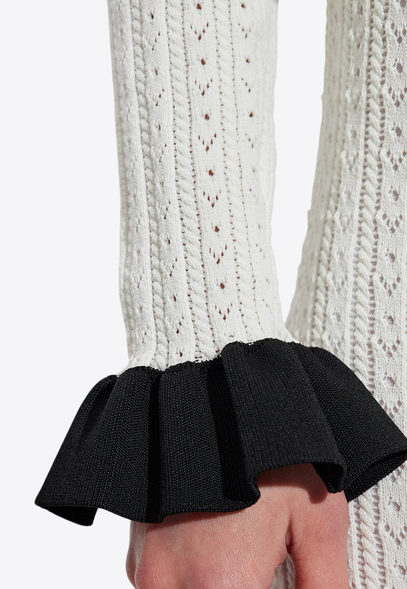 Self-Portrait Pointelle Knit Contrast Midi Dress PF25-092M-W 0-WHITE