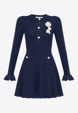 Self-Portrait Pointelle Knit Crochet Flower Mini Dress PF25-094S-BL 0-BLUE