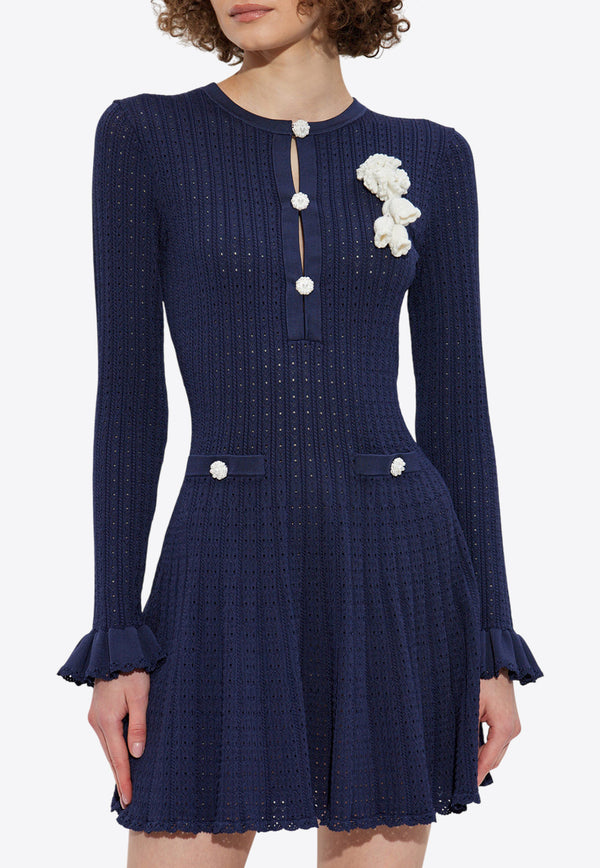 Self-Portrait Pointelle Knit Crochet Flower Mini Dress PF25-094S-BL 0-BLUE