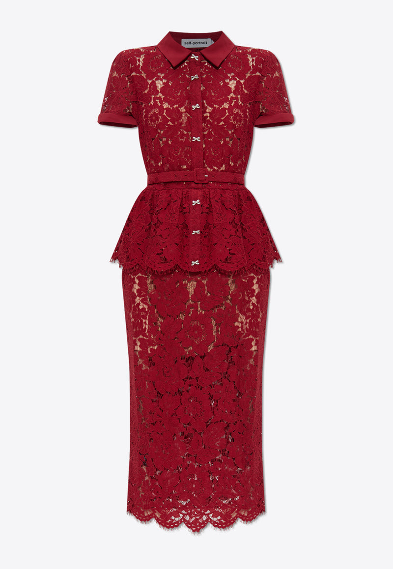 Self-Portrait Lace Peplum Midi Dress PF25-006MB-BU 0-BURGUNDY