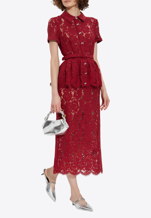 Self-Portrait Lace Peplum Midi Dress PF25-006MB-BU 0-BURGUNDY