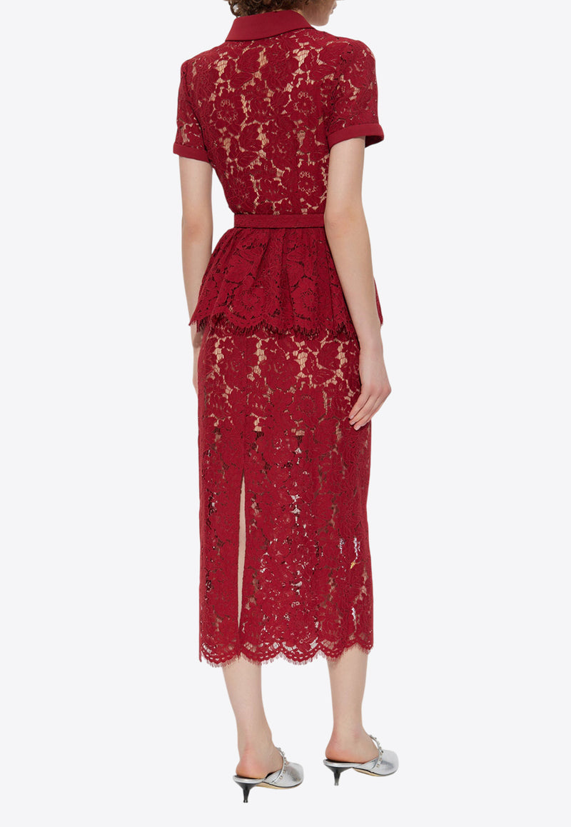 Self-Portrait Lace Peplum Midi Dress PF25-006MB-BU 0-BURGUNDY