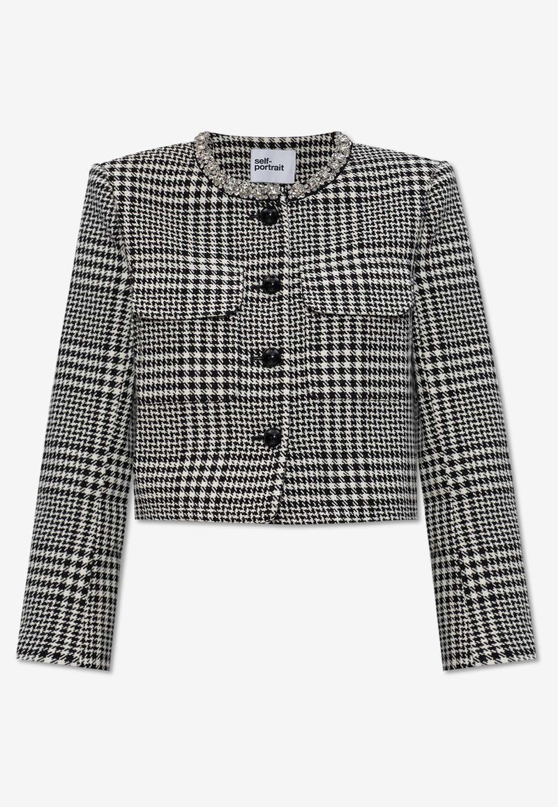 Self-Portrait Houndstooth Crystal-Trimmed Cropped Jacket PF25-111J-BW 0-BLACK AND WHITE