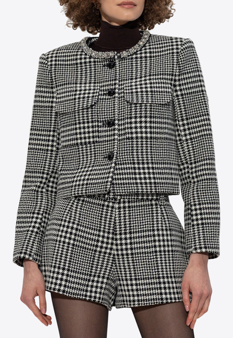 Self-Portrait Houndstooth Crystal-Trimmed Cropped Jacket PF25-111J-BW 0-BLACK AND WHITE