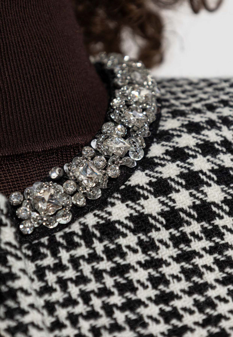 Self-Portrait Houndstooth Crystal-Trimmed Cropped Jacket PF25-111J-BW 0-BLACK AND WHITE