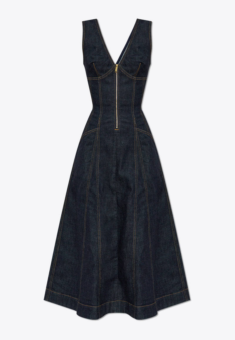 Self-Portrait V-neck Denim Flared Midi Dress PF25-801M-BL 0-BLUE