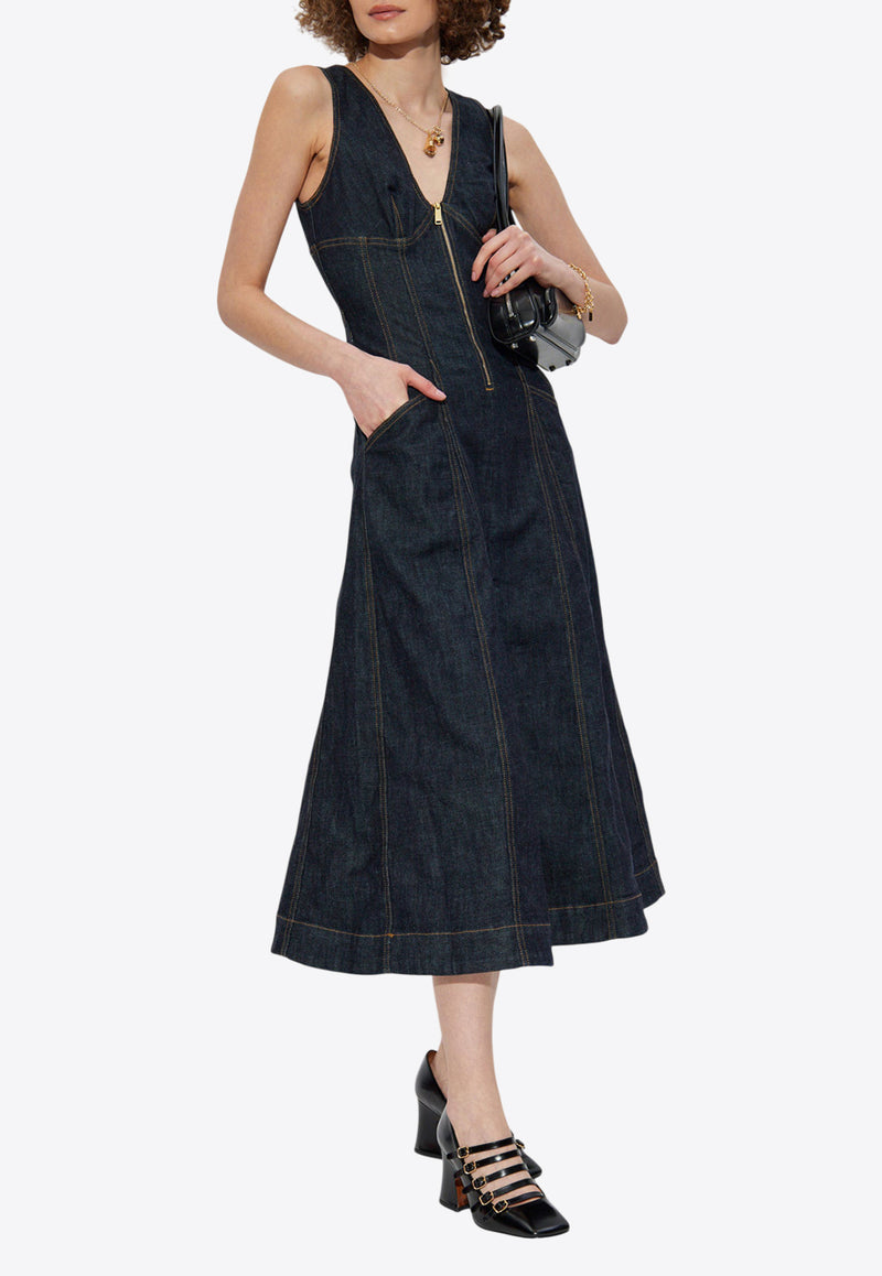 Self-Portrait V-neck Denim Flared Midi Dress PF25-801M-BL 0-BLUE
