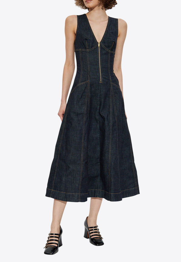 Self-Portrait V-neck Denim Flared Midi Dress PF25-801M-BL 0-BLUE