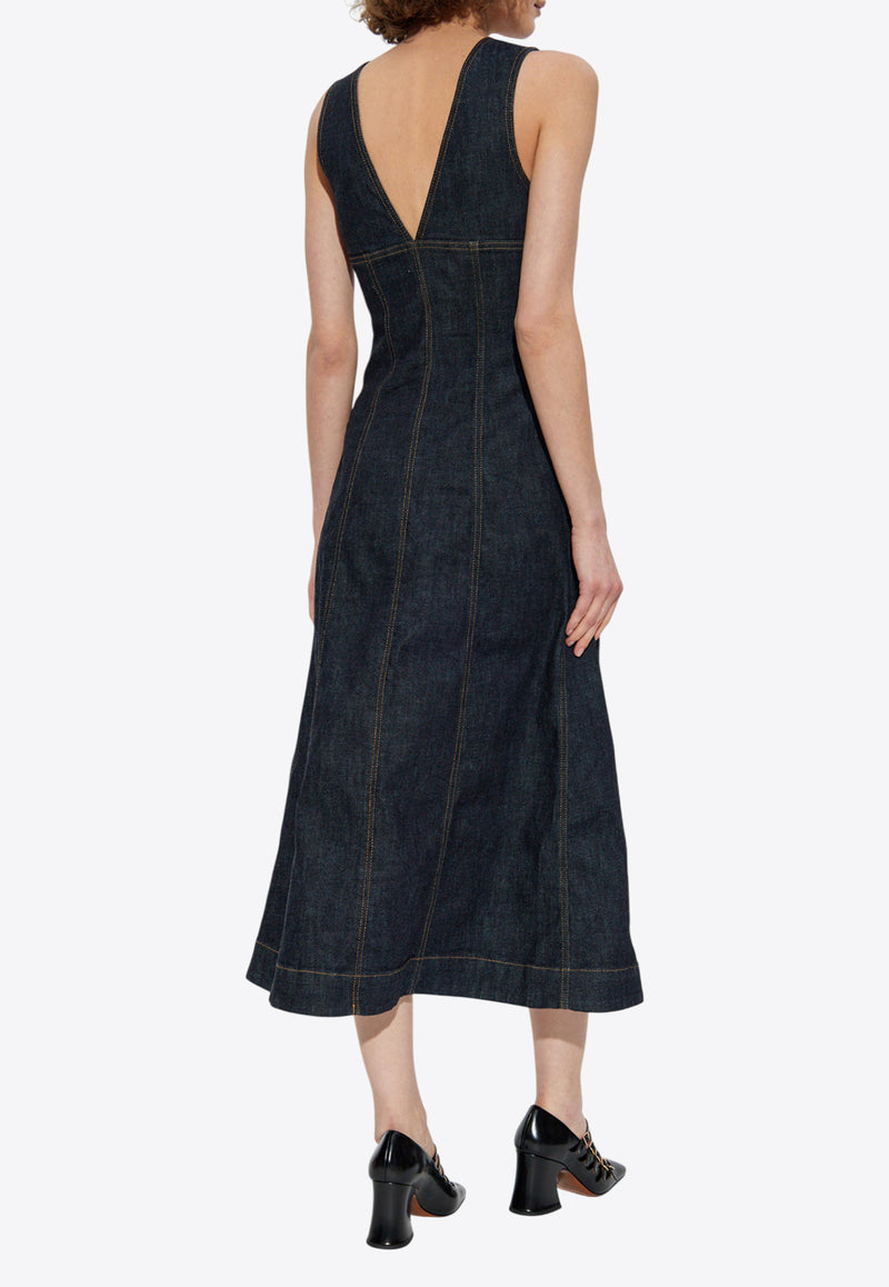 Self-Portrait V-neck Denim Flared Midi Dress PF25-801M-BL 0-BLUE