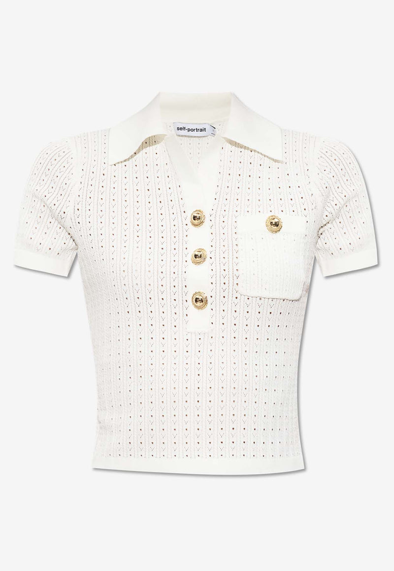 Self-Portrait Pointelle Cropped Knit Top PF25-095T-W 0-WHITE