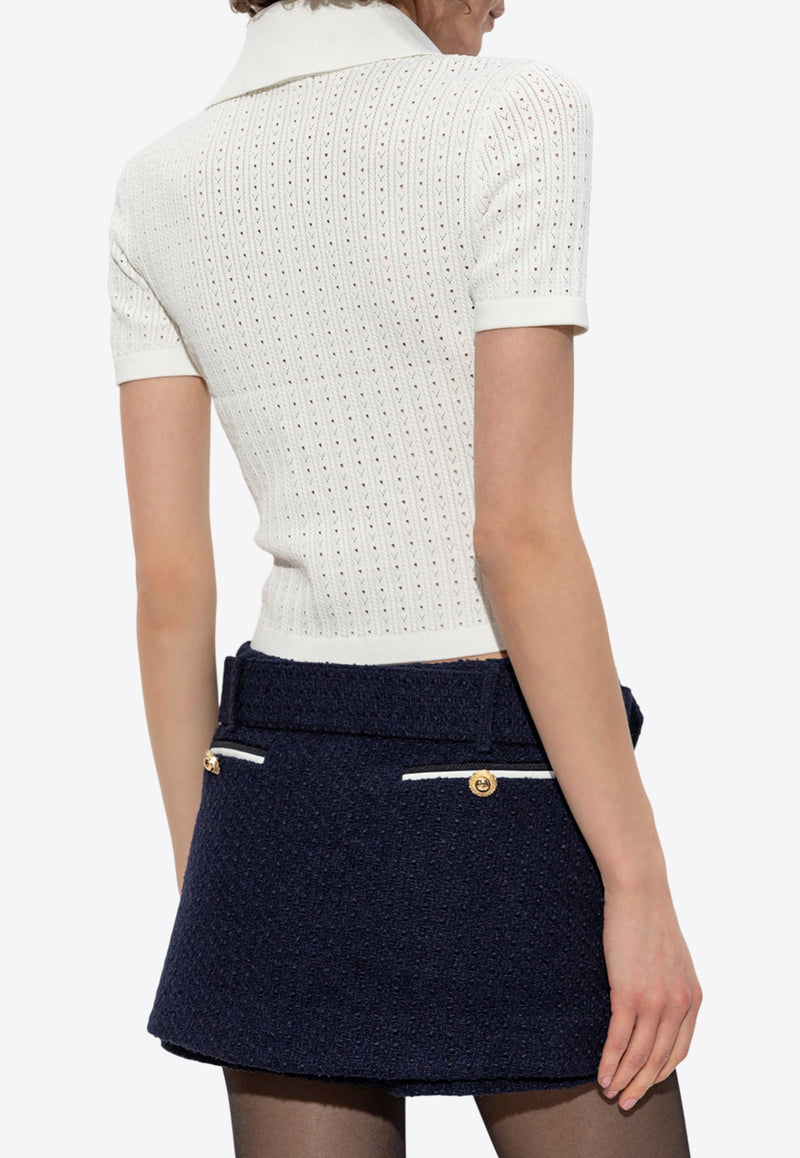 Self-Portrait Pointelle Cropped Knit Top PF25-095T-W 0-WHITE