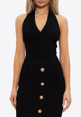 Balmain Cable Knit Cropped Halter Top Black FF1AB345 KI50-0PA