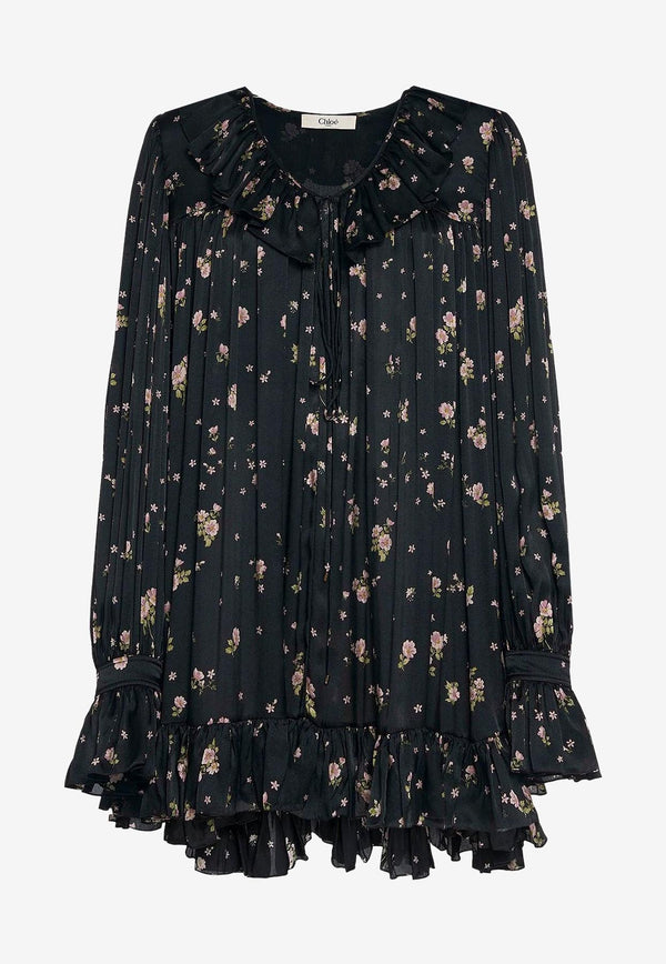 Chloé Floral Print Gathered Silk Mini Dress Black CH25ARO26481001_Black_32772810