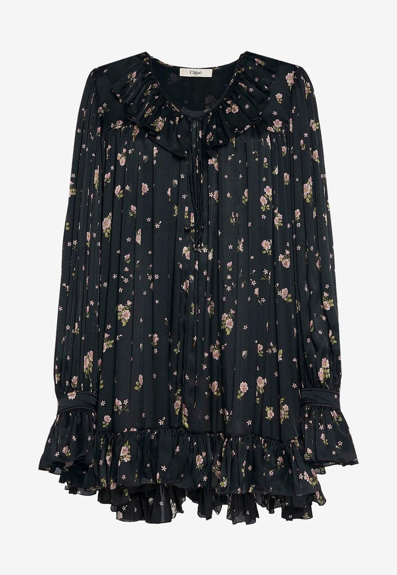 Chloé Floral Print Gathered Silk Mini Dress Black CH25ARO26481001_Black_32772810
