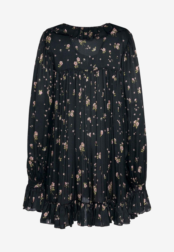 Chloé Floral Print Gathered Silk Mini Dress Black CH25ARO26481001_Black_32772810