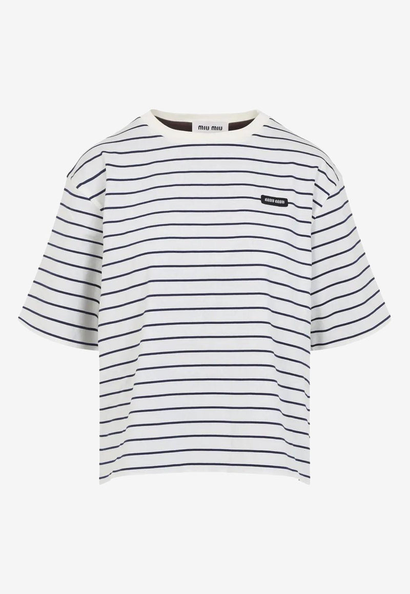 Miu Miu Logo Patch Striped T-shirt White MJN569SOOO17UY_F04QA
