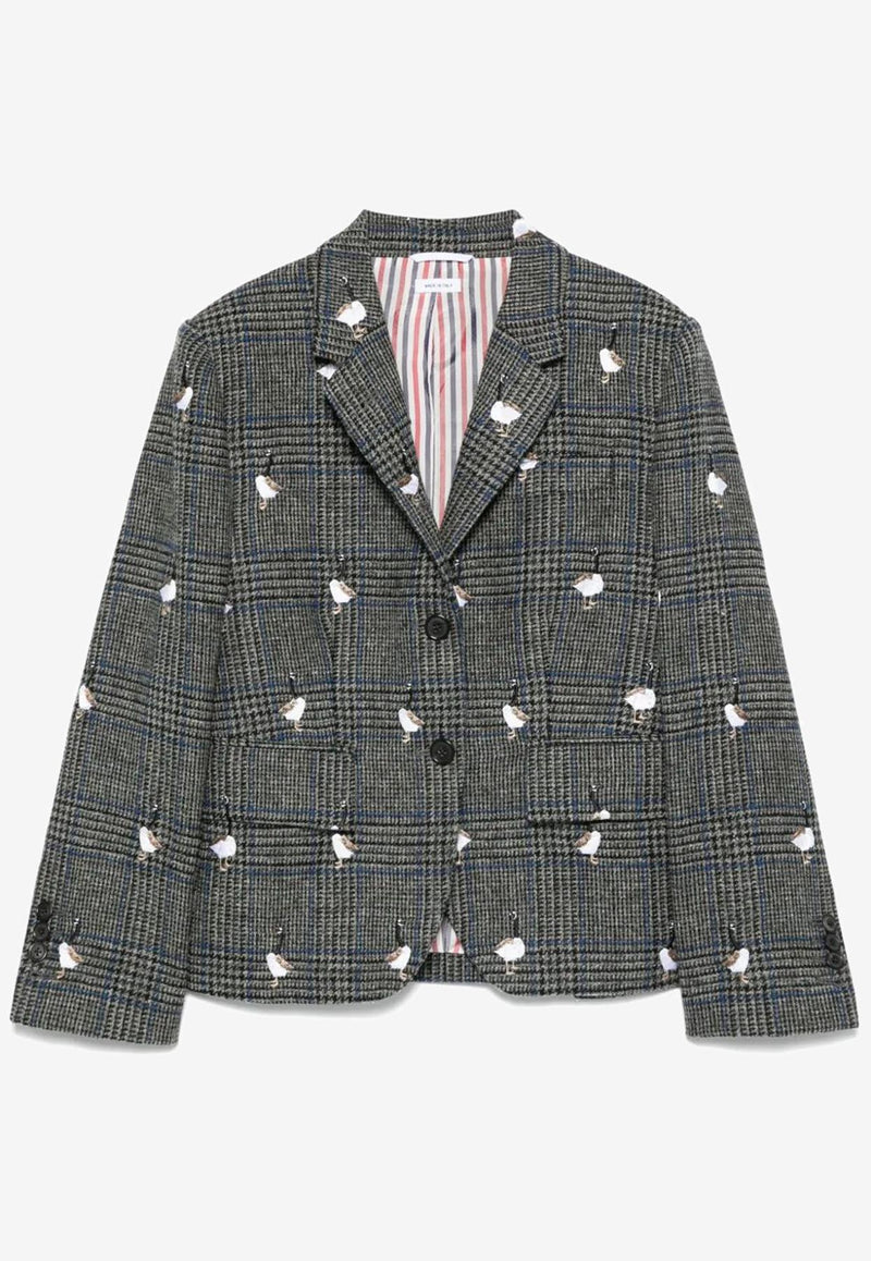 Thom Browne Embroidered Geese Prince of Wales Tweed Blazer Gray FBC010EE1358_035