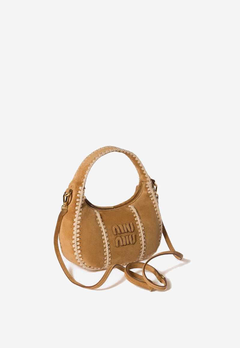 Miu Miu Wander Crochet-Trimmed Suede Shoulder Bag Camel 5BC125VOWR2IBG_F0401