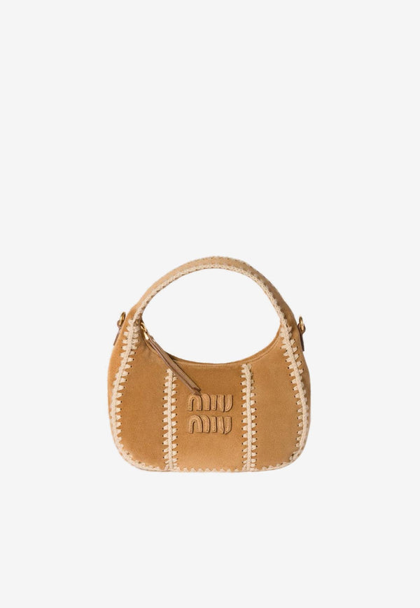 Miu Miu Wander Crochet-Trimmed Suede Shoulder Bag Camel 5BC125VOWR2IBG_F0401