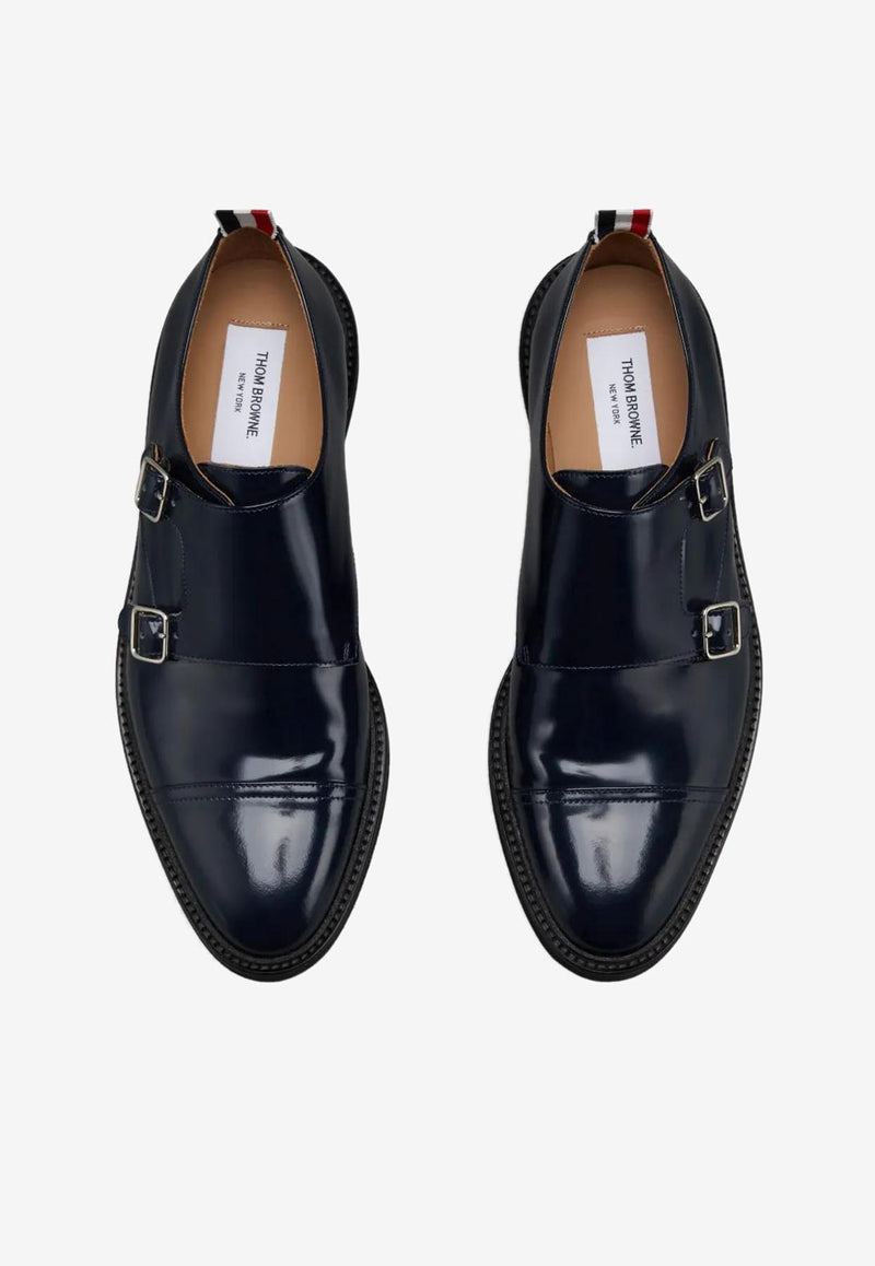 Thom Browne Polished Leather Double Monk Strap Shoes Navy MFG018CL0043_415