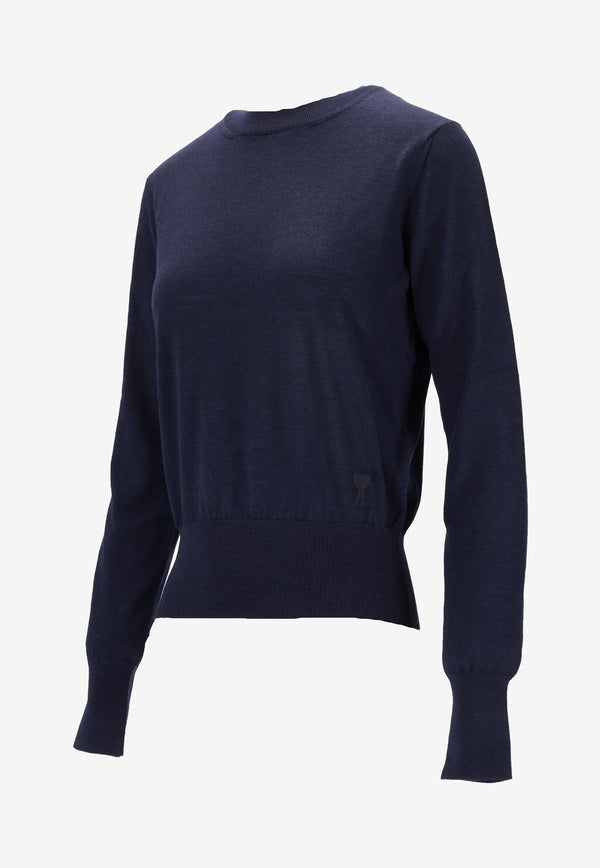 AMI PARIS Ami De Coeur Wool and Silk Sweater Navy FKS166KN0066_4011
