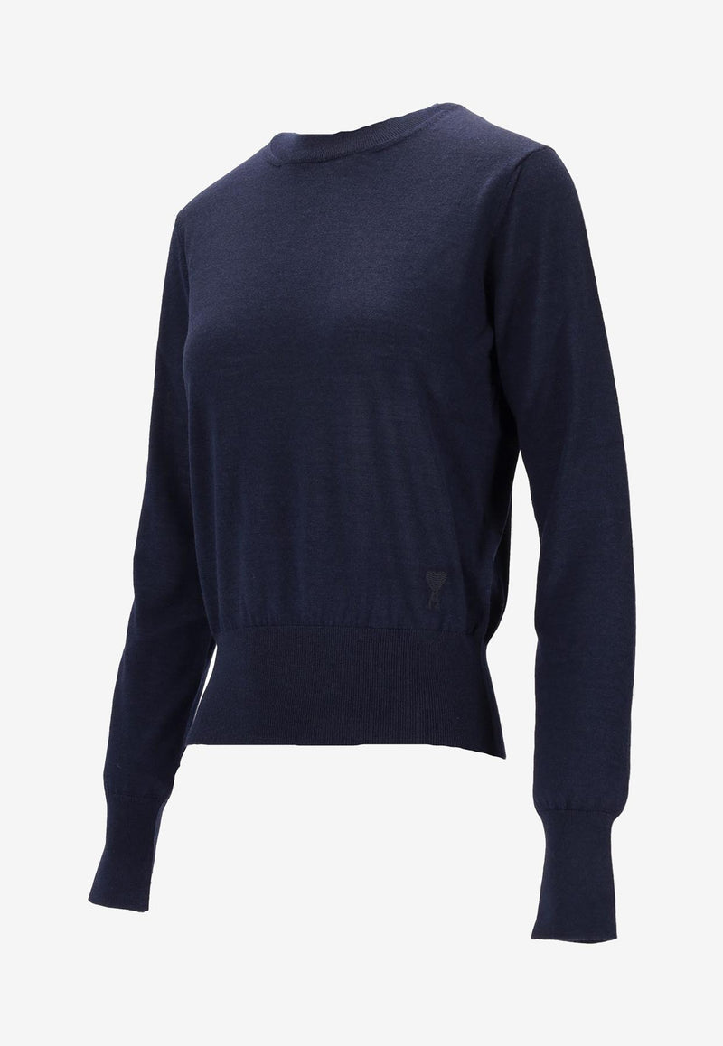 AMI PARIS Ami De Coeur Wool and Silk Sweater Navy FKS166KN0066_4011