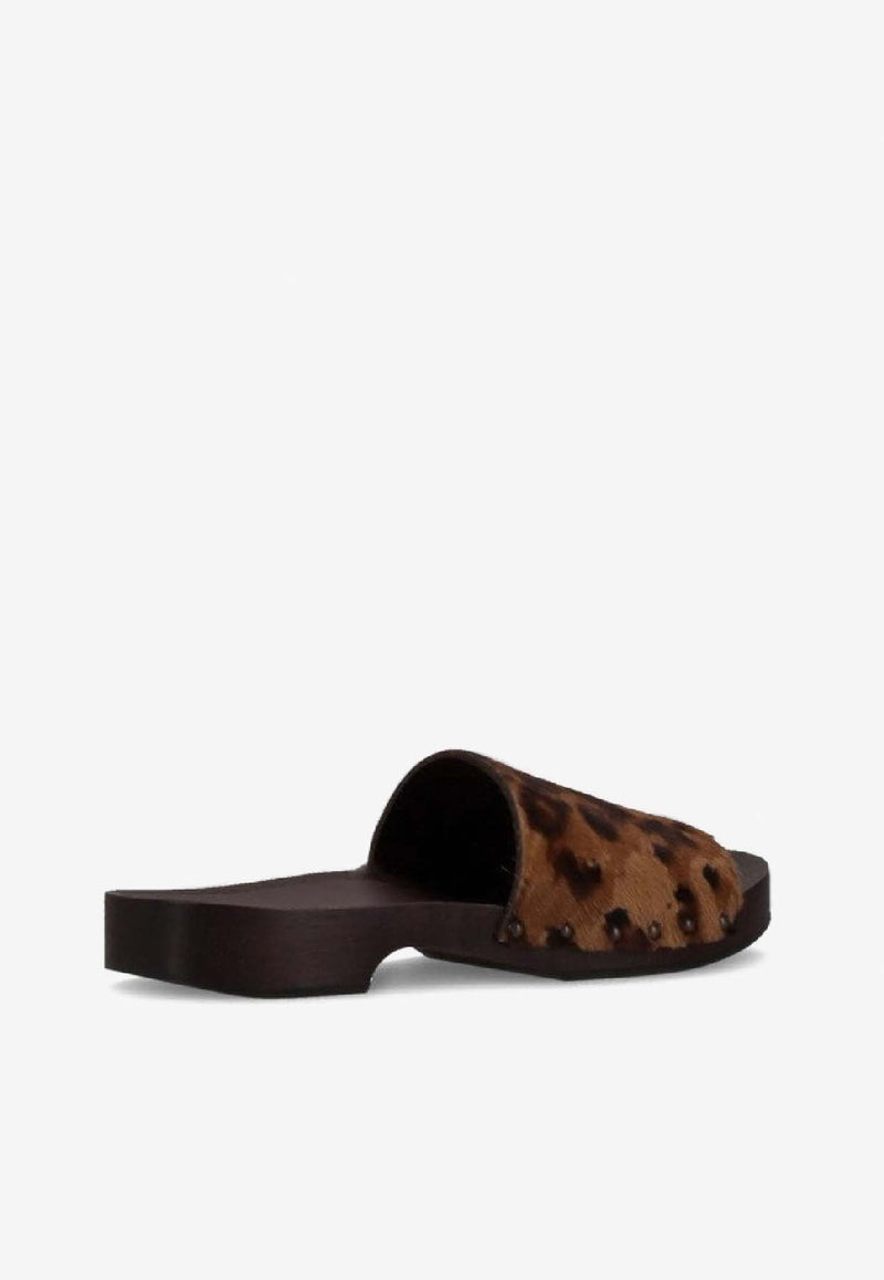 La Rose Leopard Print Studded Leather Clogs Brown 14925850_010