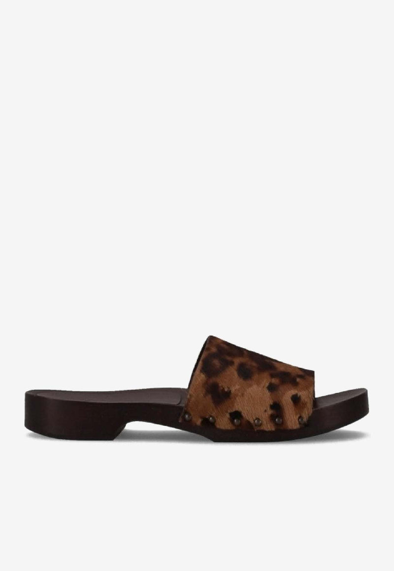 La Rose Leopard Print Studded Leather Clogs Brown 14925850_010