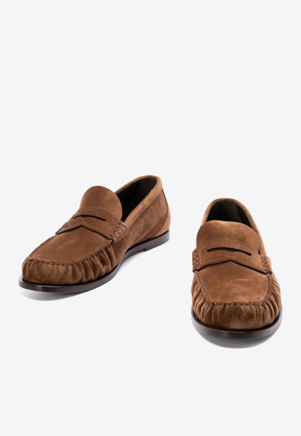 Saint Laurent Cassandre Suede Penny Loafers Brown 8211732OYAA_2732