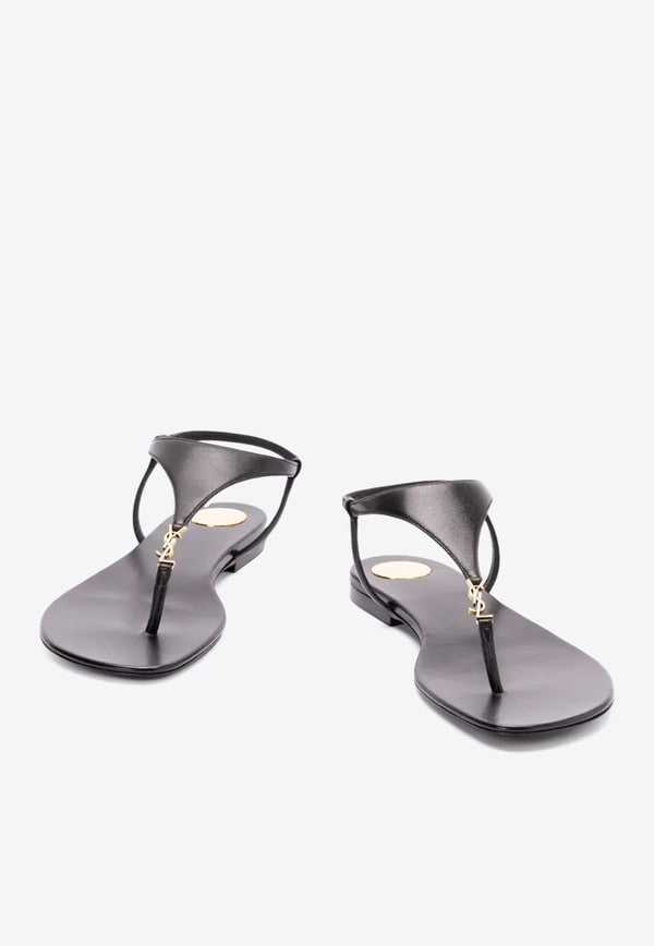 Saint Laurent Cassandre Leather Thong Sandals Black 818293AADF1_1000