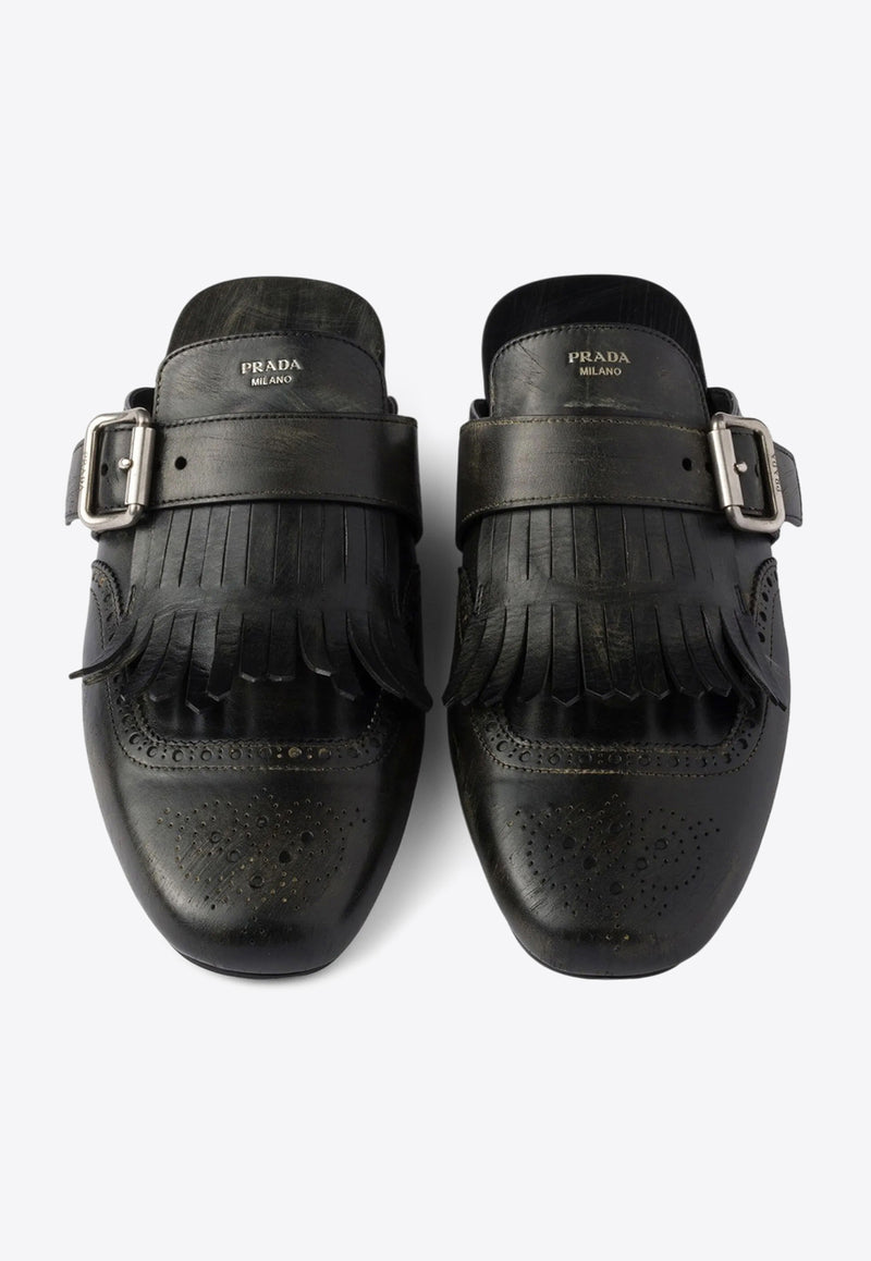 Prada Shuffle Fringed Calf Leather Mules Black 1S973NFA005070_F0002