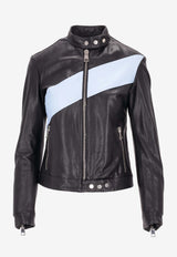 La Rose Leather Zip-Up Bomber Jacket Black 1544GIUBBINONAPPA_BLACK/BABY BLUE