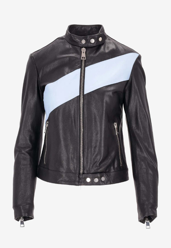 La Rose Leather Zip-Up Bomber Jacket Black 1544GIUBBINONAPPA_BLACK/BABY BLUE