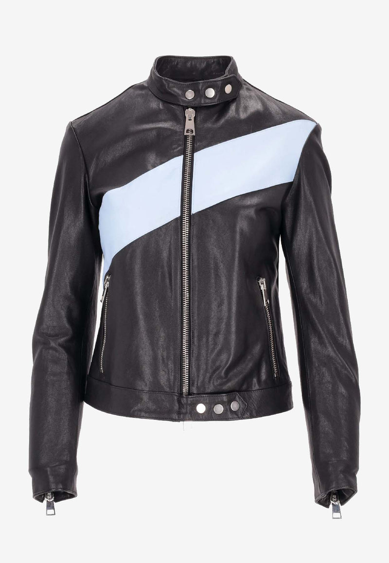 La Rose Leather Zip-Up Bomber Jacket Black 1544GIUBBINONAPPA_BLACK/BABY BLUE