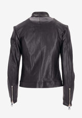 La Rose Leather Zip-Up Bomber Jacket Black 1544GIUBBINONAPPA_BLACK/BABY BLUE