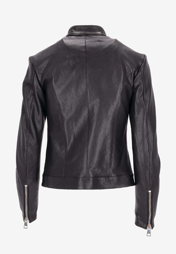 La Rose Leather Zip-Up Bomber Jacket Black 1544GIUBBINONAPPA_BLACK/BABY BLUE