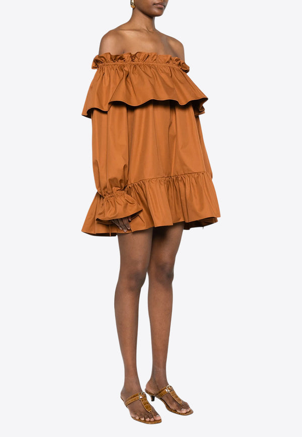 Saint Laurent Off-Shoulder Ruffled Mini Dress  Brown 820312Y3A99_2498