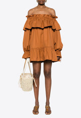 Saint Laurent Off-Shoulder Ruffled Mini Dress  Brown 820312Y3A99_2498