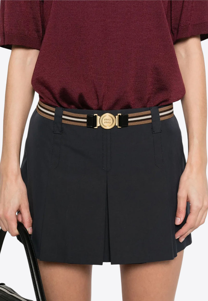 Miu Miu Pleated Mini Skirt with Embroidered-Logo Navy MG2406SOOO12NS_F0008