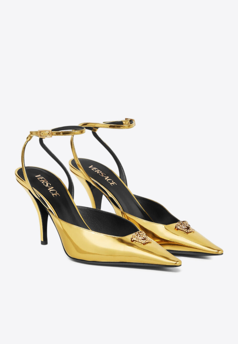 Versace La Medusa 85 Metallic Leather Slingback Pumps Gold 1020479 1A08609 1X00V