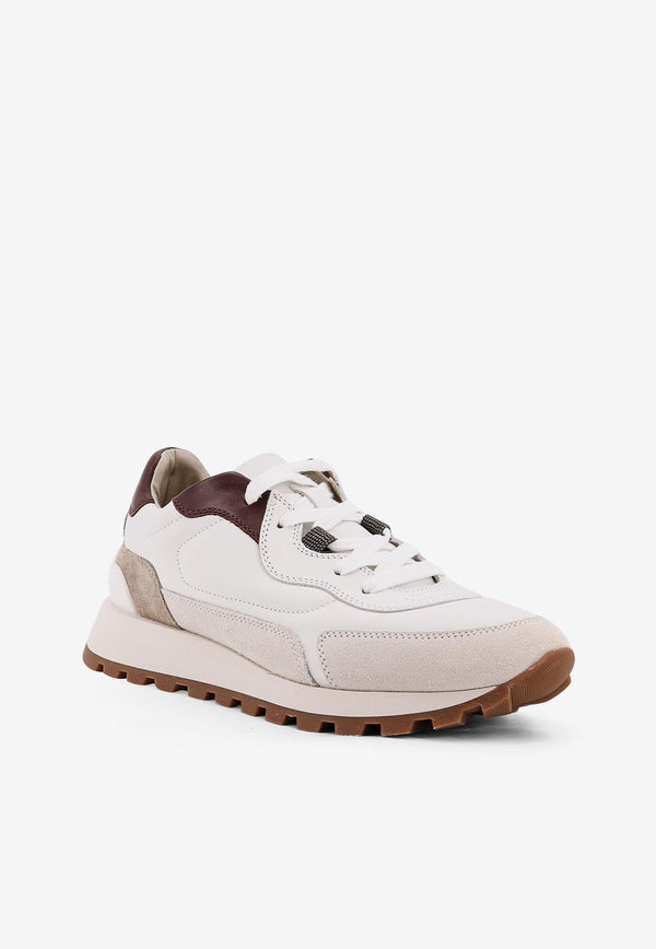 Brunello Cucinelli Monili Embellished Leather and Suede Sneakers White MZGSG3028C7592_White_34275578